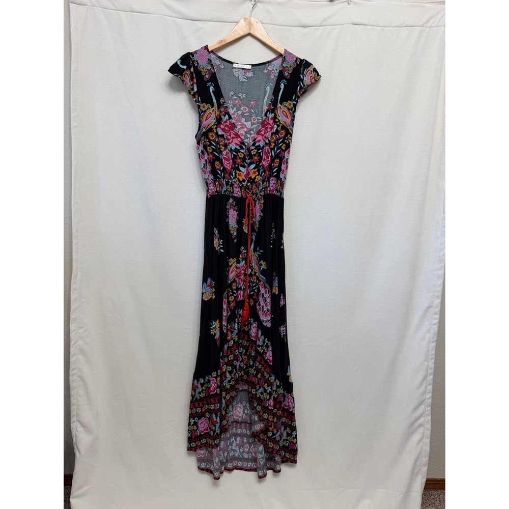 R. Vivimos Boho Peacock Floral High Low Maxi Dress Womens Medium Black | Indie